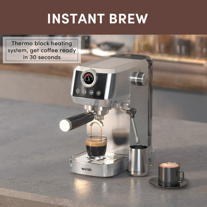 Wirsh 20 Bar Espresso Machine with Plastic Free Portafitler and Steamer, Pressure Gauge, Touch Screen, Full Stainless Steel (Home Barista Plus)