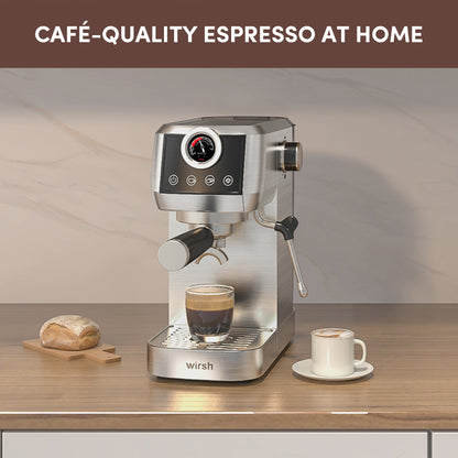 Wirsh 20 Bar Espresso Machine with Plastic Free Portafitler and Steamer, Pressure Gauge, Touch Screen, Full Stainless Steel (Home Barista Plus)